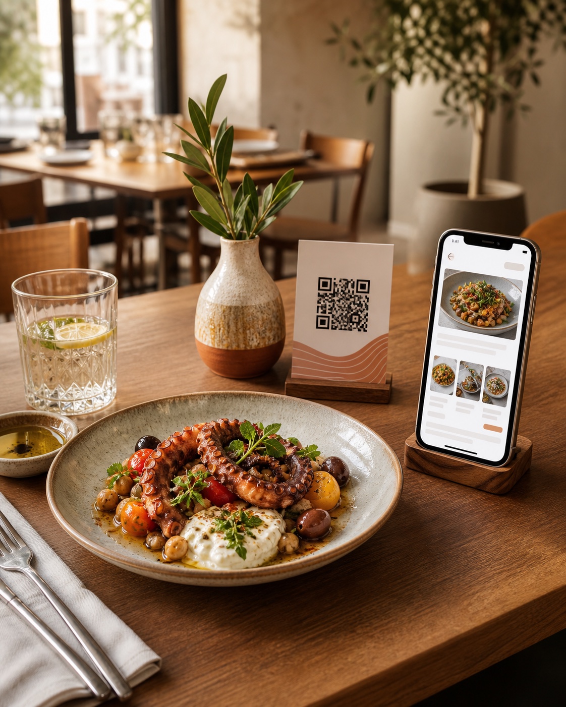 Restaurant table with a digital menu and QR code